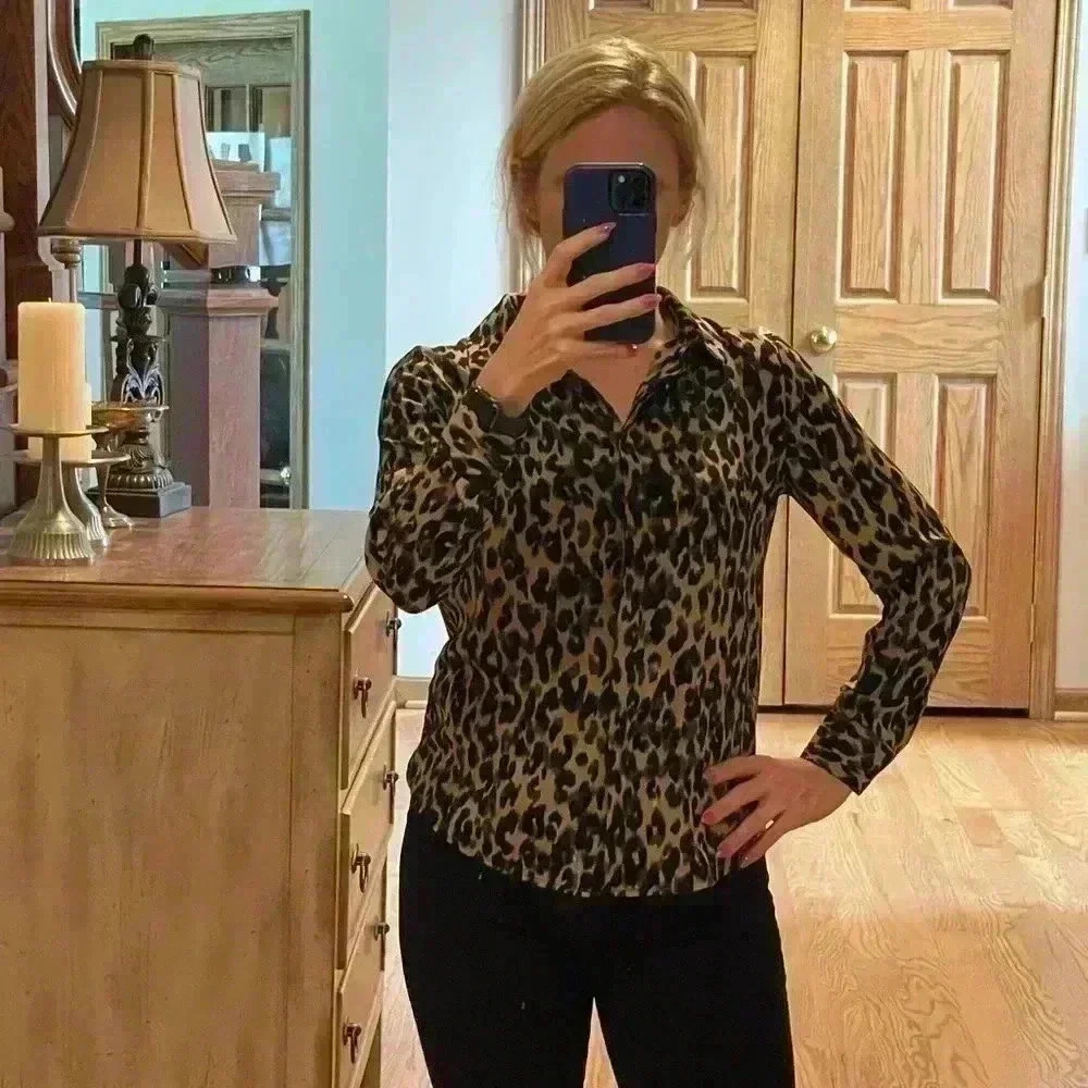 Halogen Hidden Button Animal Print Button Down Bl… - image 7